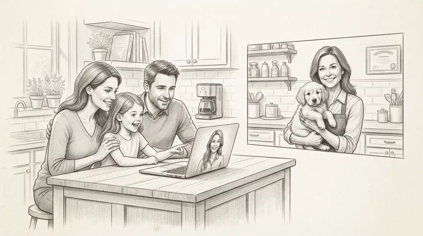 Family video calling a puppy breeder