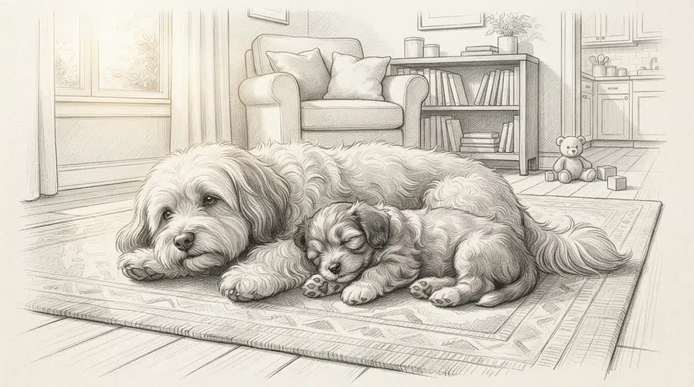 Havanese mother and puppy resting indoors