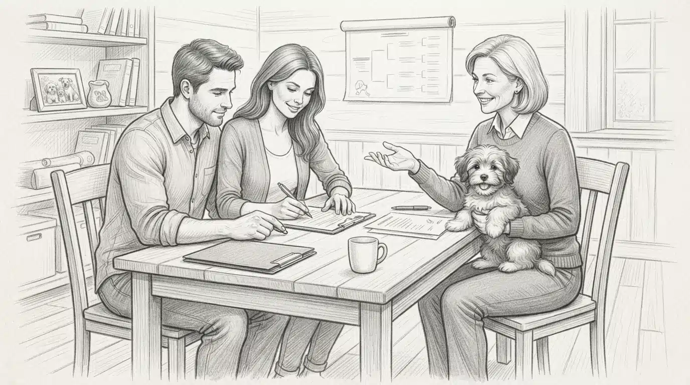 Family signing adoption papers with breeder