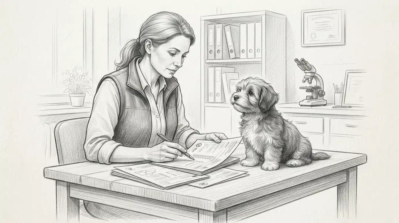 Breeder reviewing health documents near puppy