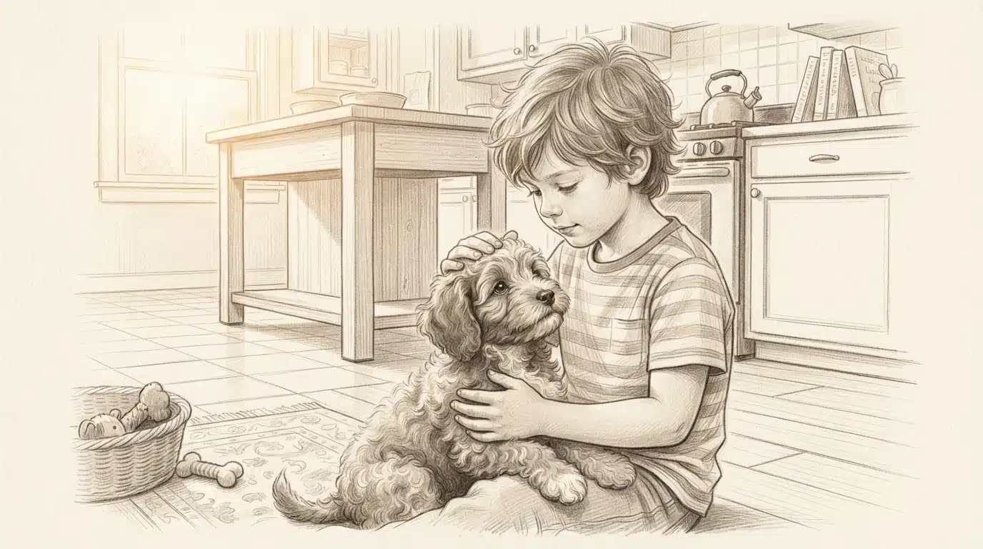 Child gently holding puppy in kitchen