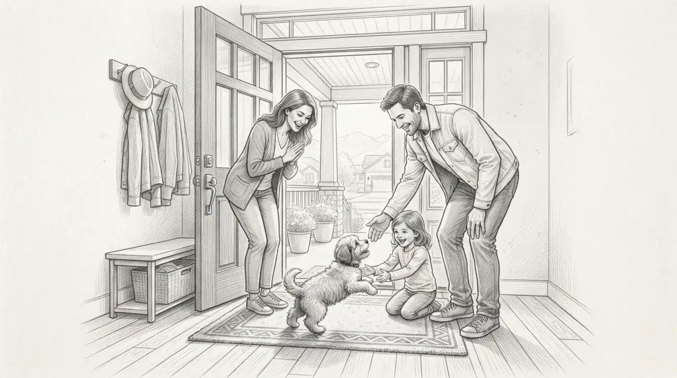 Family greeting Havanese puppy at home