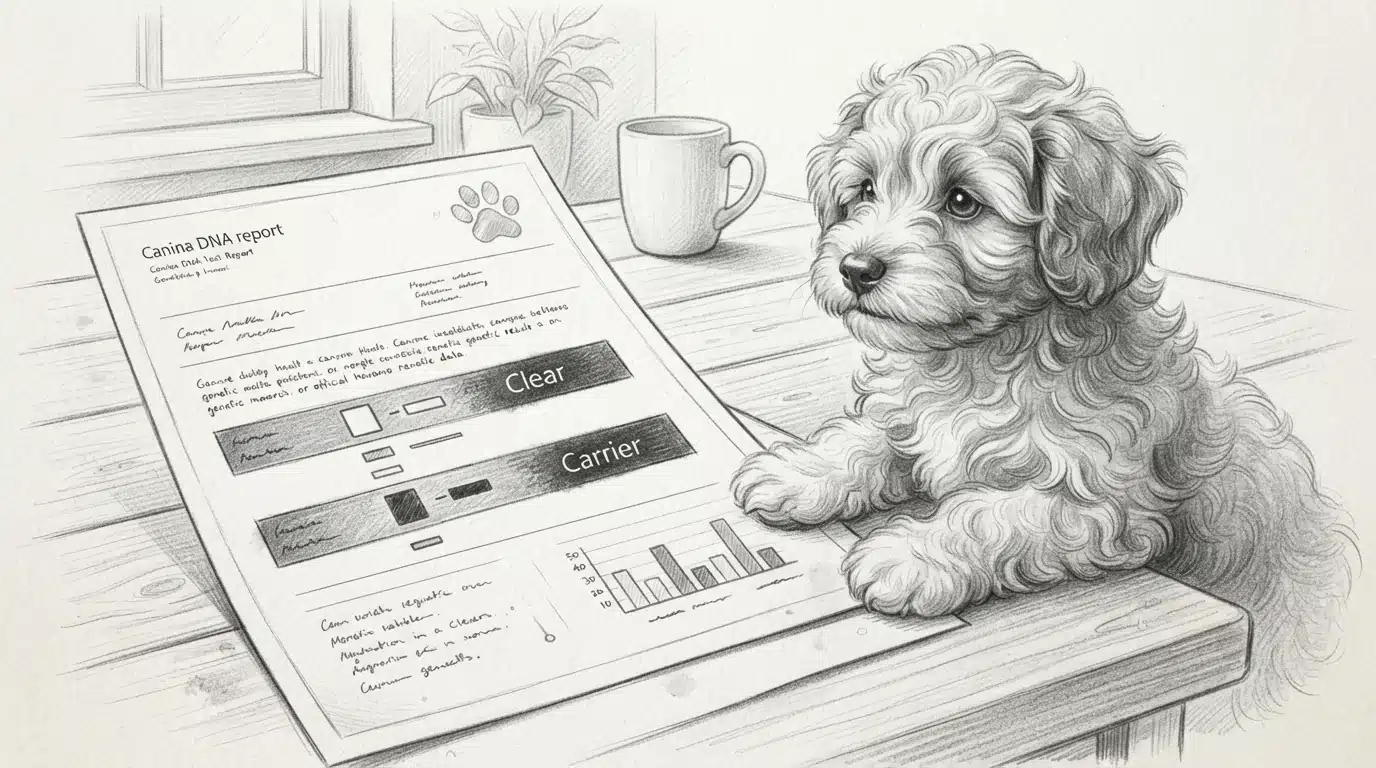 Havanese puppy beside genetic test results