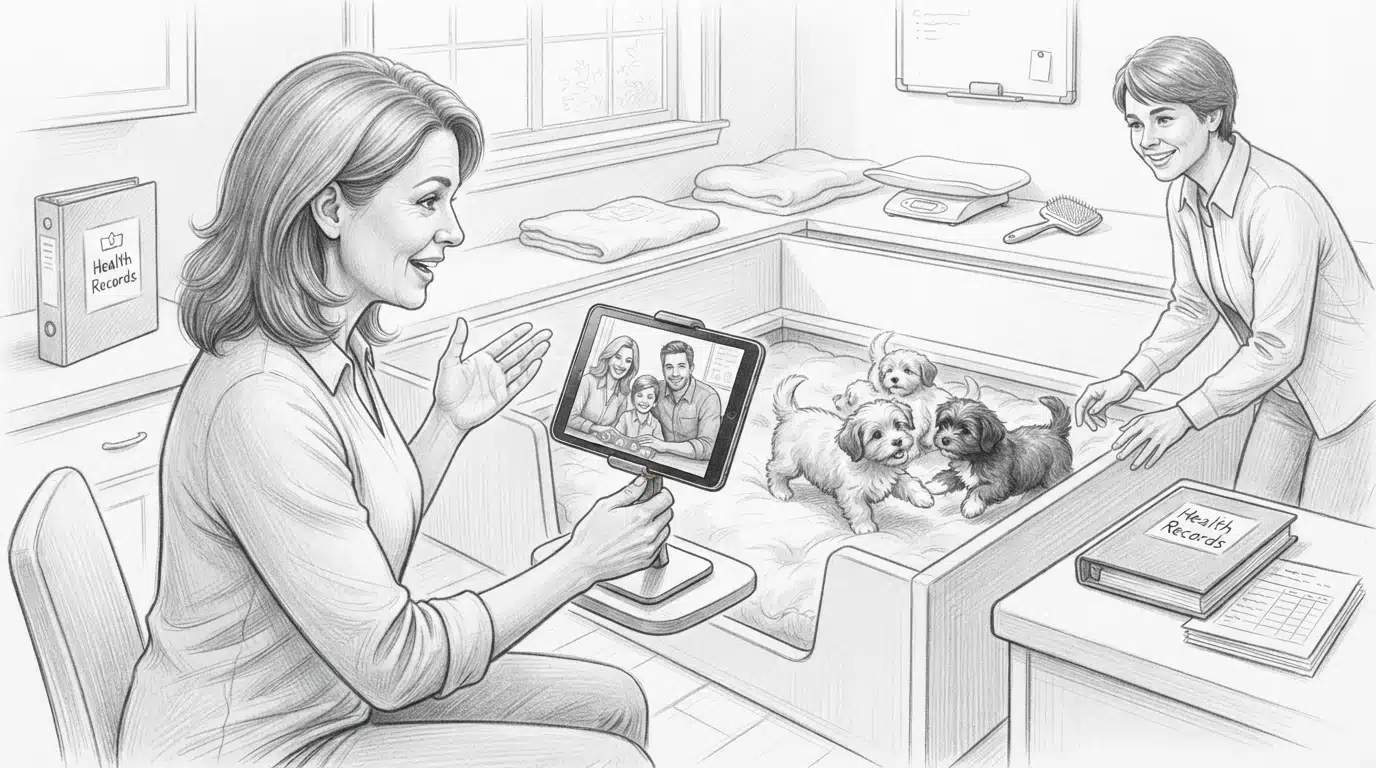 Breeder showing puppies via video call