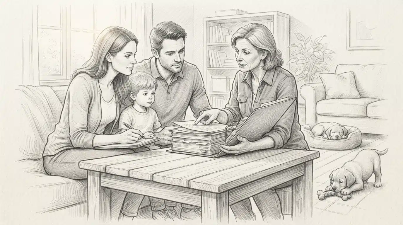 Family reviewing breeder documents in home
