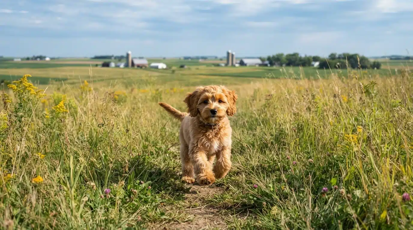 Cavapoo puppy trotting through Iowa fields