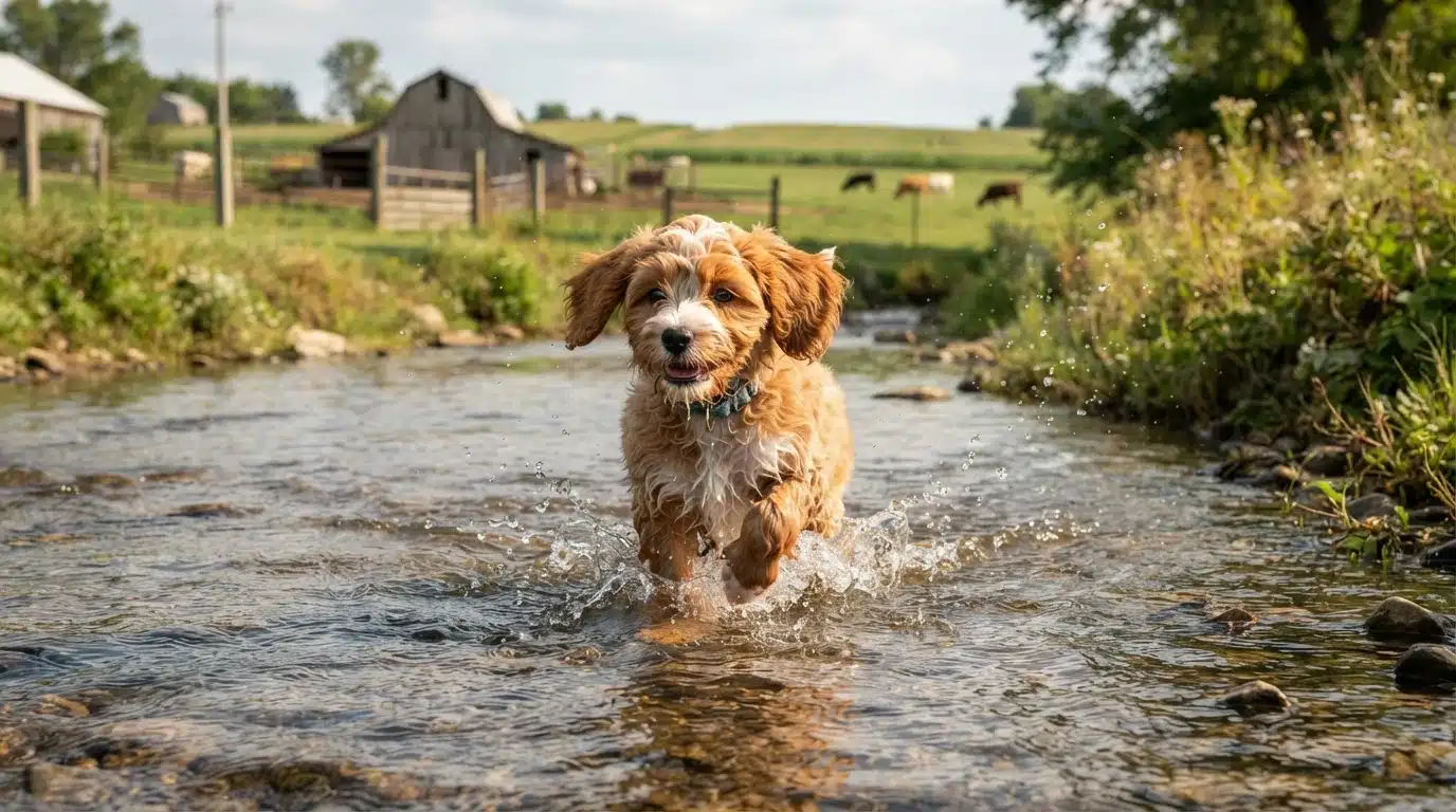 Cavapoo puppy splashing in Iowa creek