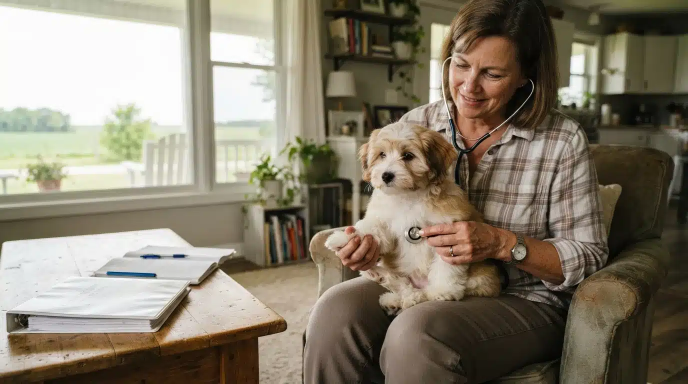 Breeder gently examining a Havanese puppy