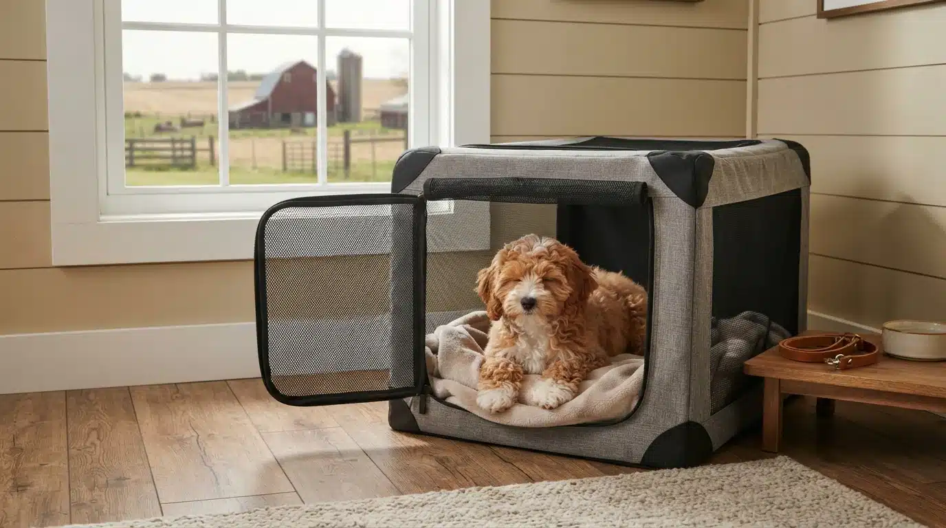 Havapoo puppy resting inside cozy crate
