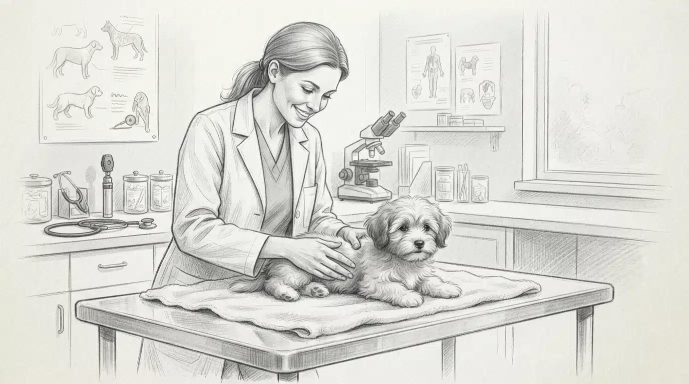 Veterinarian examining a Havanese puppy