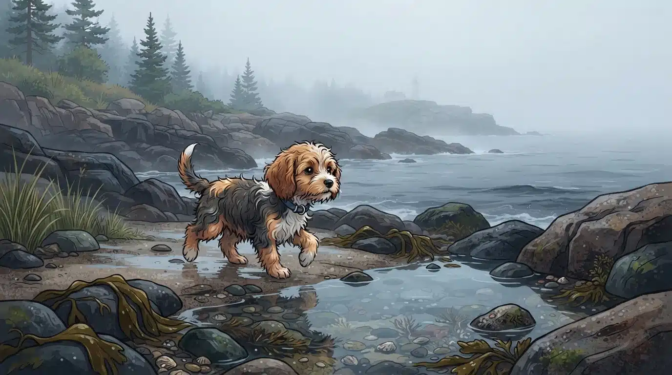 Fluffy puppy exploring foggy Maine tidepools