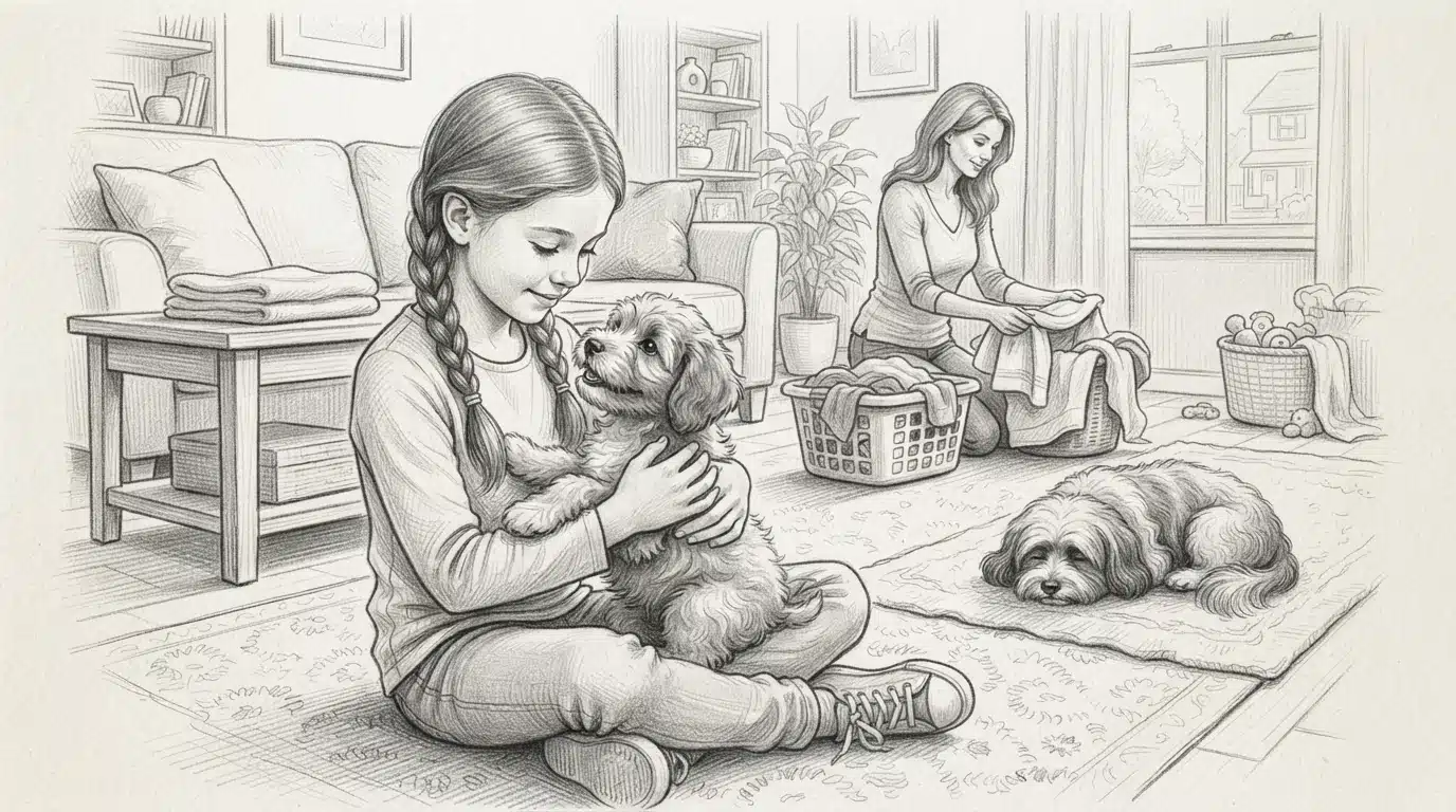 Child holding puppy in family home