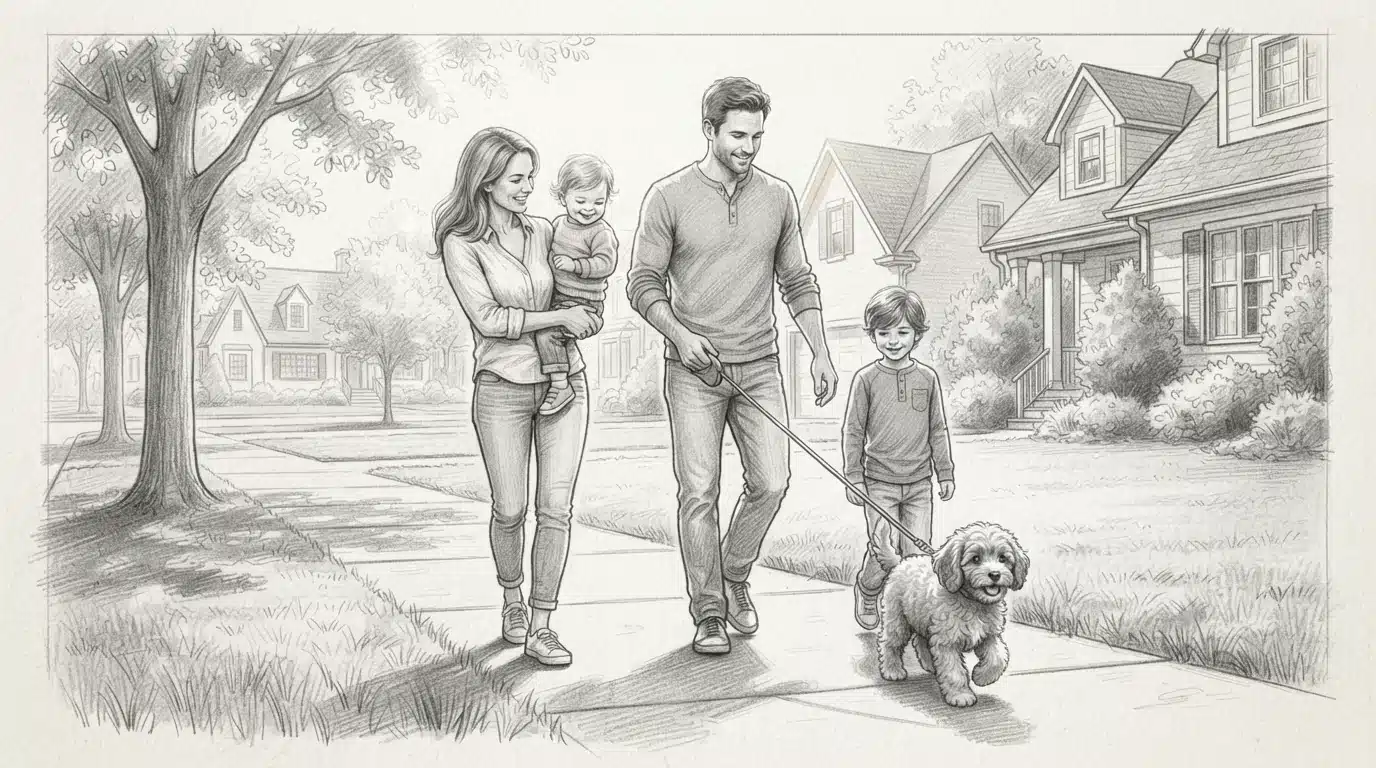 Family walking a puppy outdoors