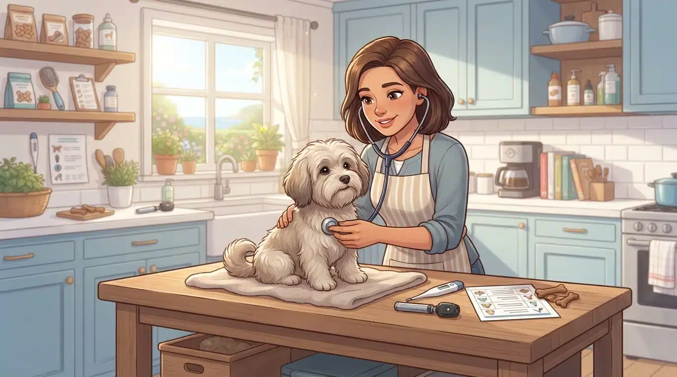 Breeder examining healthy Havanese in kitchen