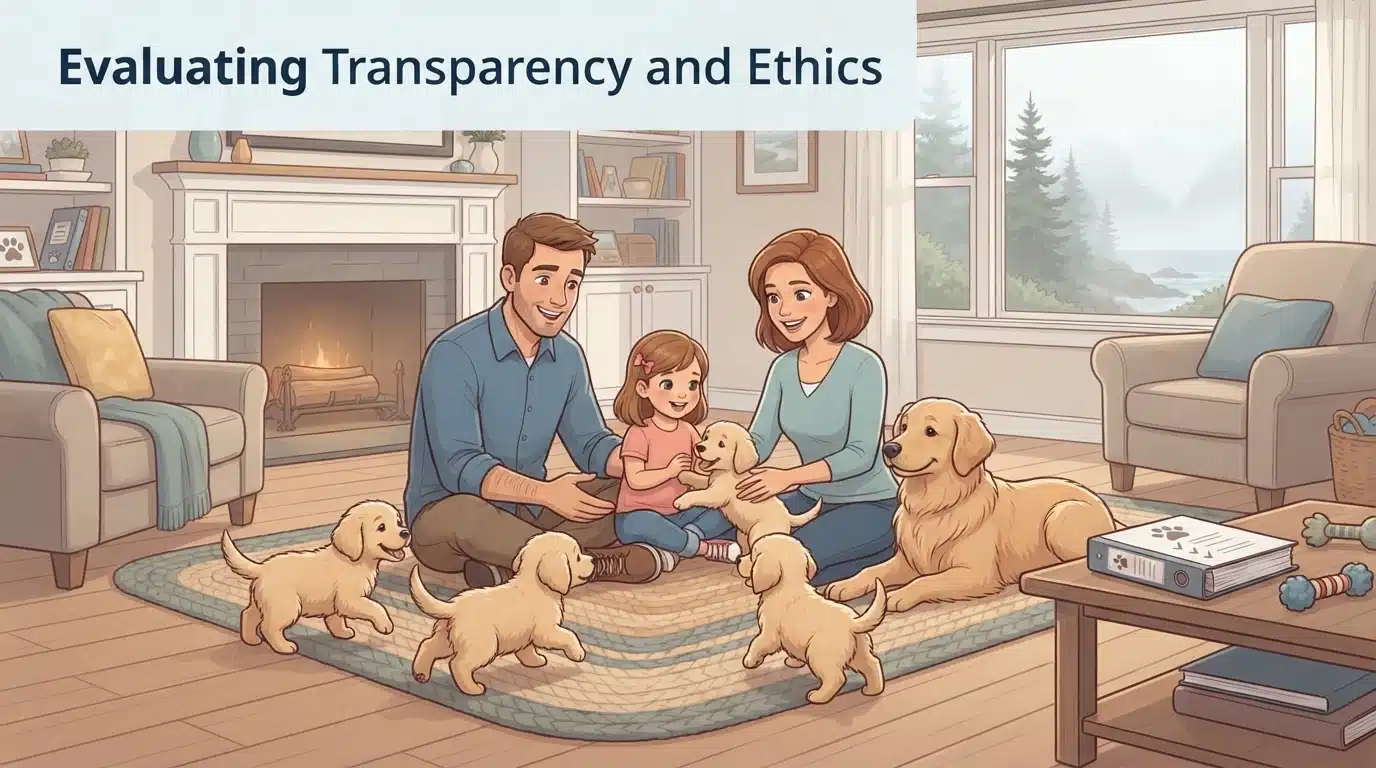 Family meeting puppies in home setting