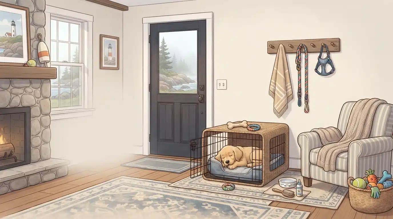 Cozy puppy corner with coastal gear