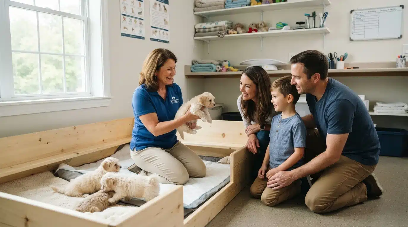 Breeder showing Havanese puppies to family