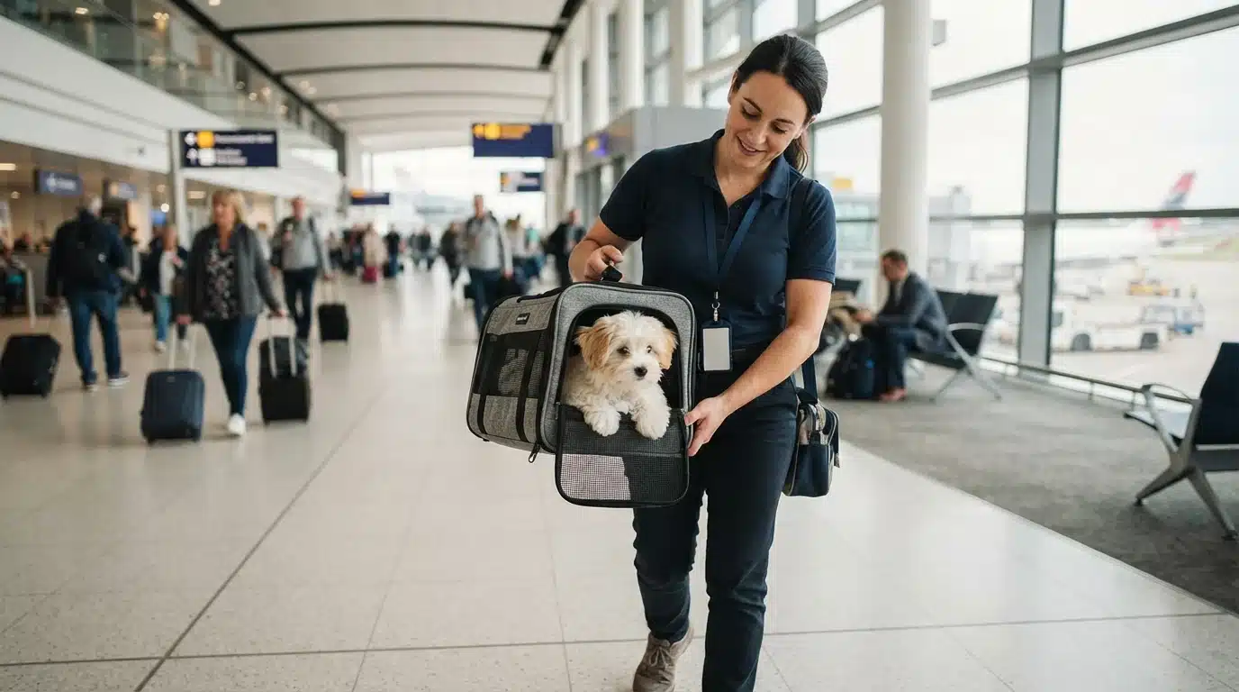 Havanese puppy inside an airline travel carrier