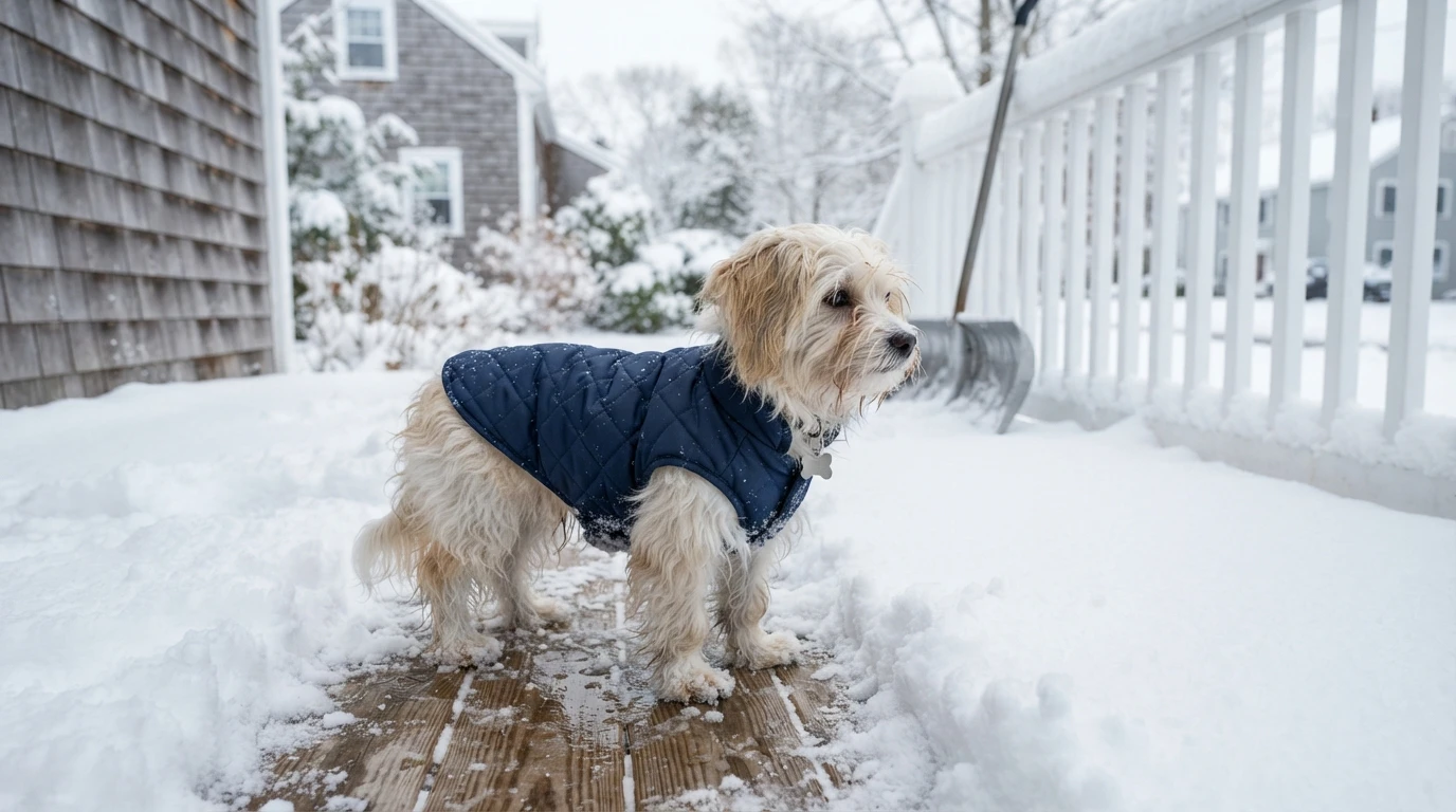 Havanese puppy wearing coat on snow