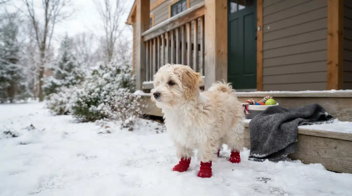 Small Havanese puppy standing on snow