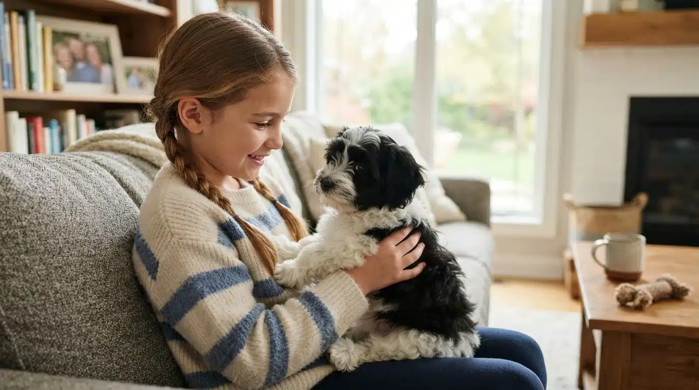 Child gently holding a Havanese puppy