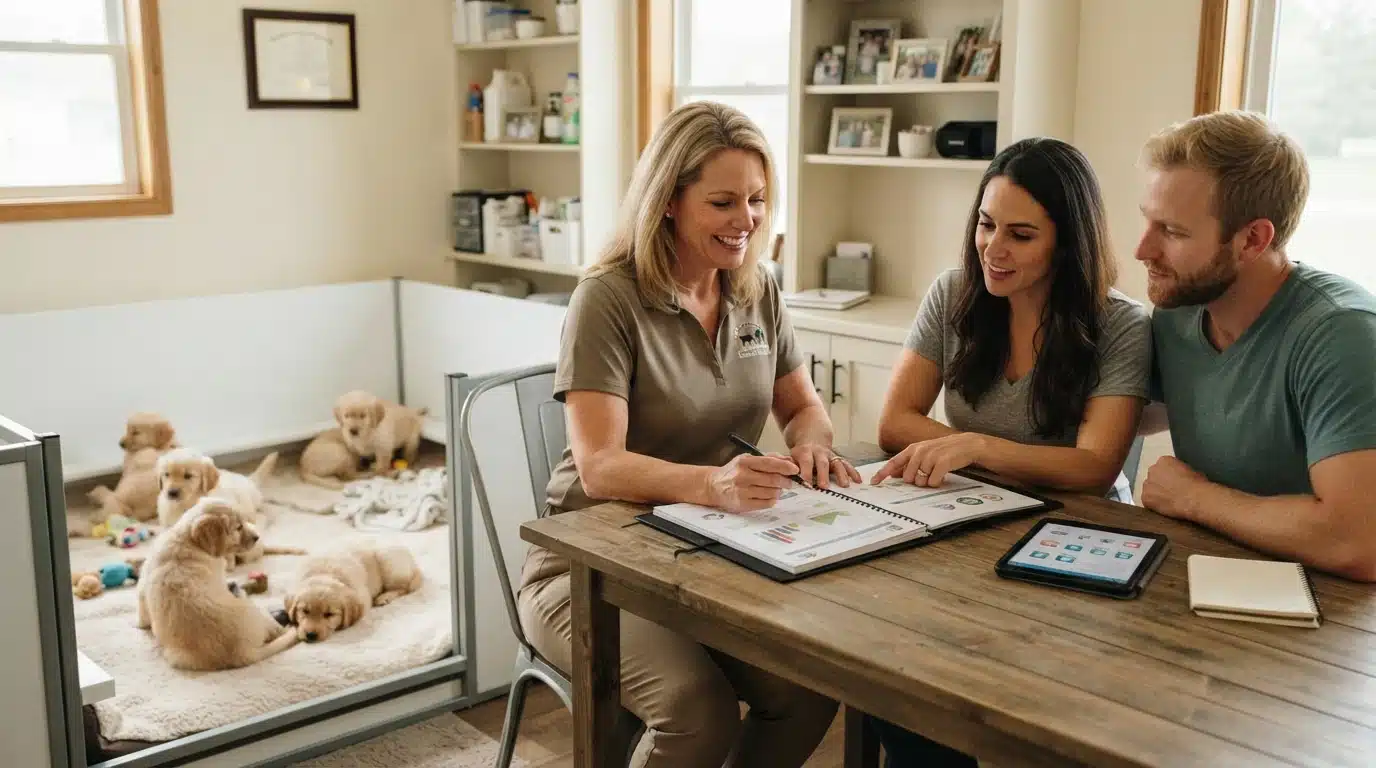 Breeder reviewing health documents with family