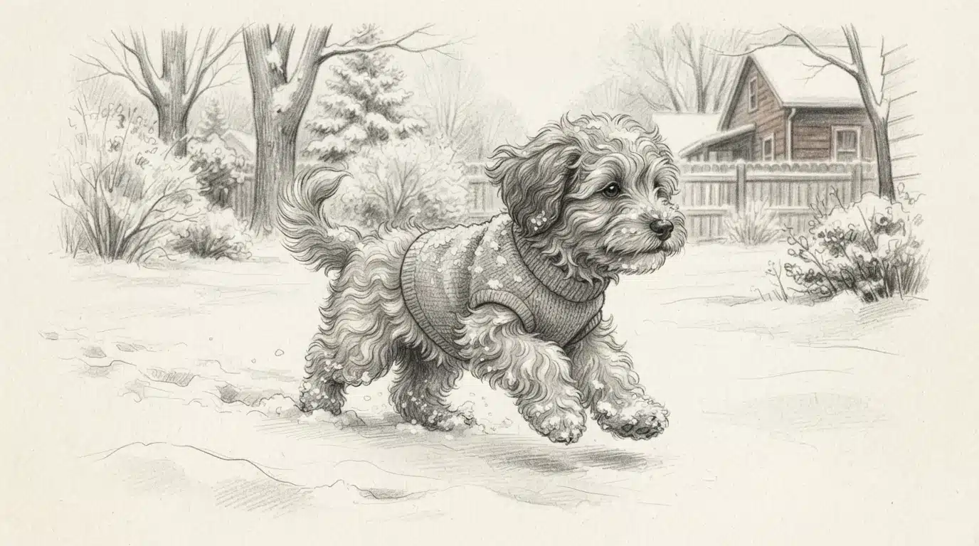 Fluffy puppy trotting through snowy yard