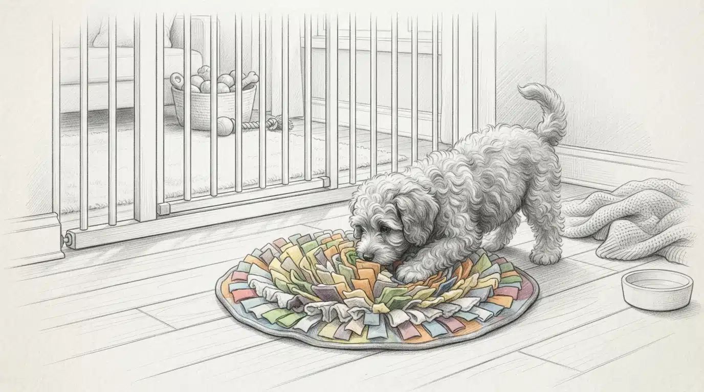 Havapoo puppy playing with snuffle mat
