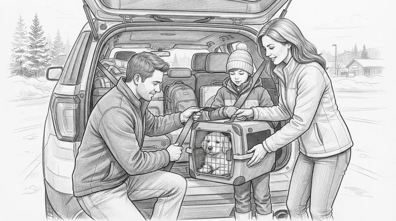 Family securing puppy crate in SUV