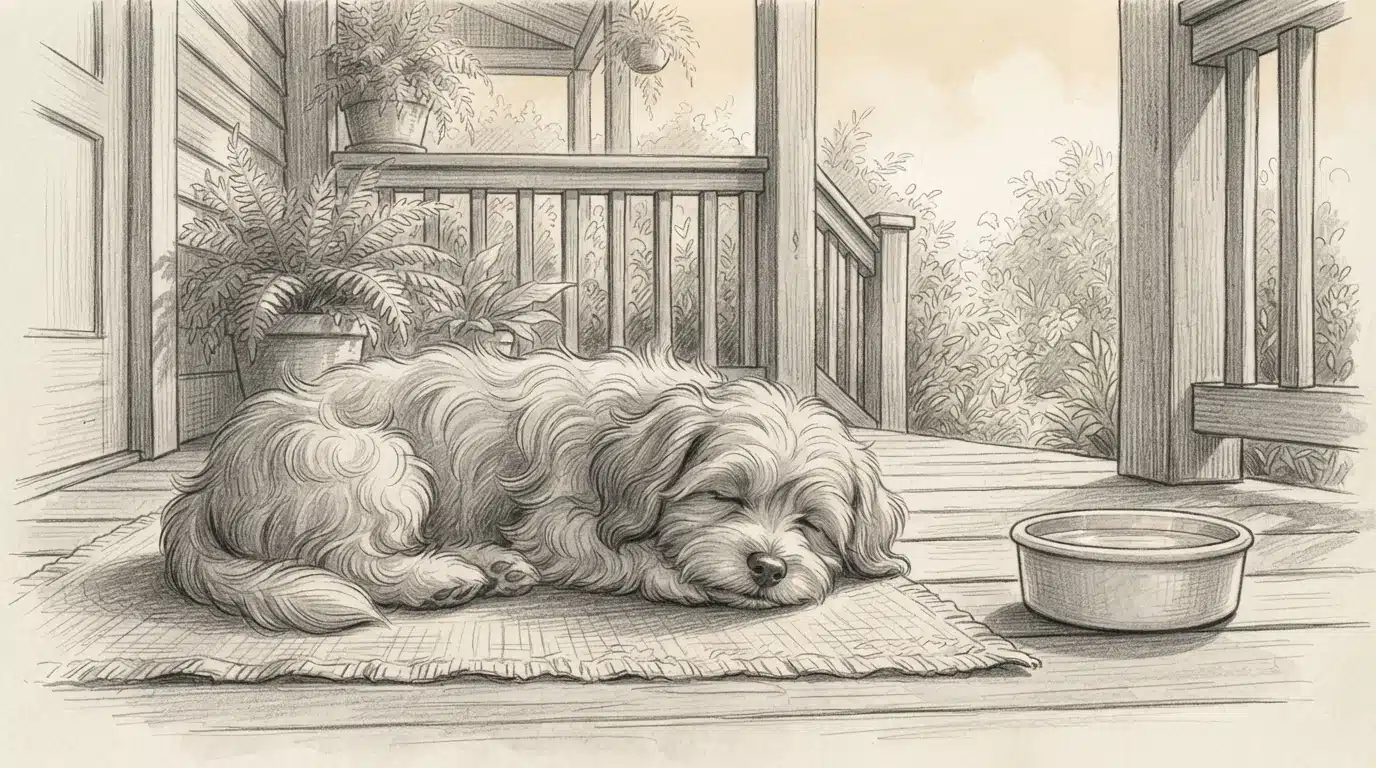 Havanese puppy resting near water bowl