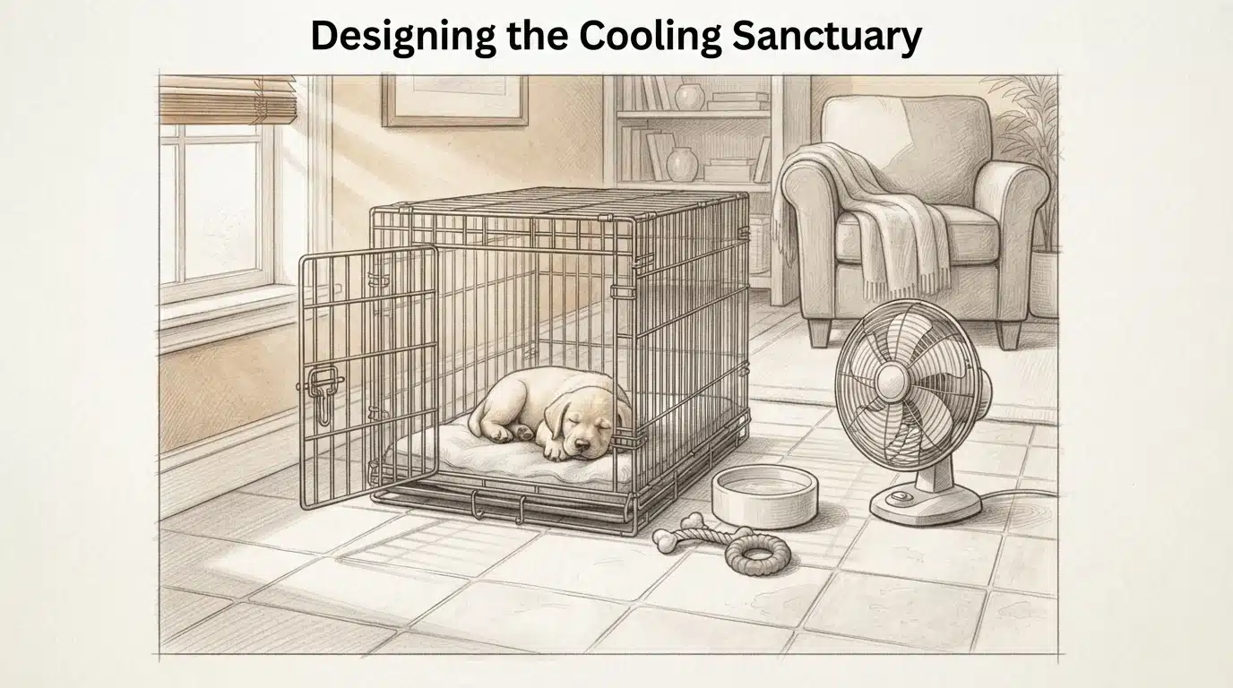 Puppy cooling station on tile floor