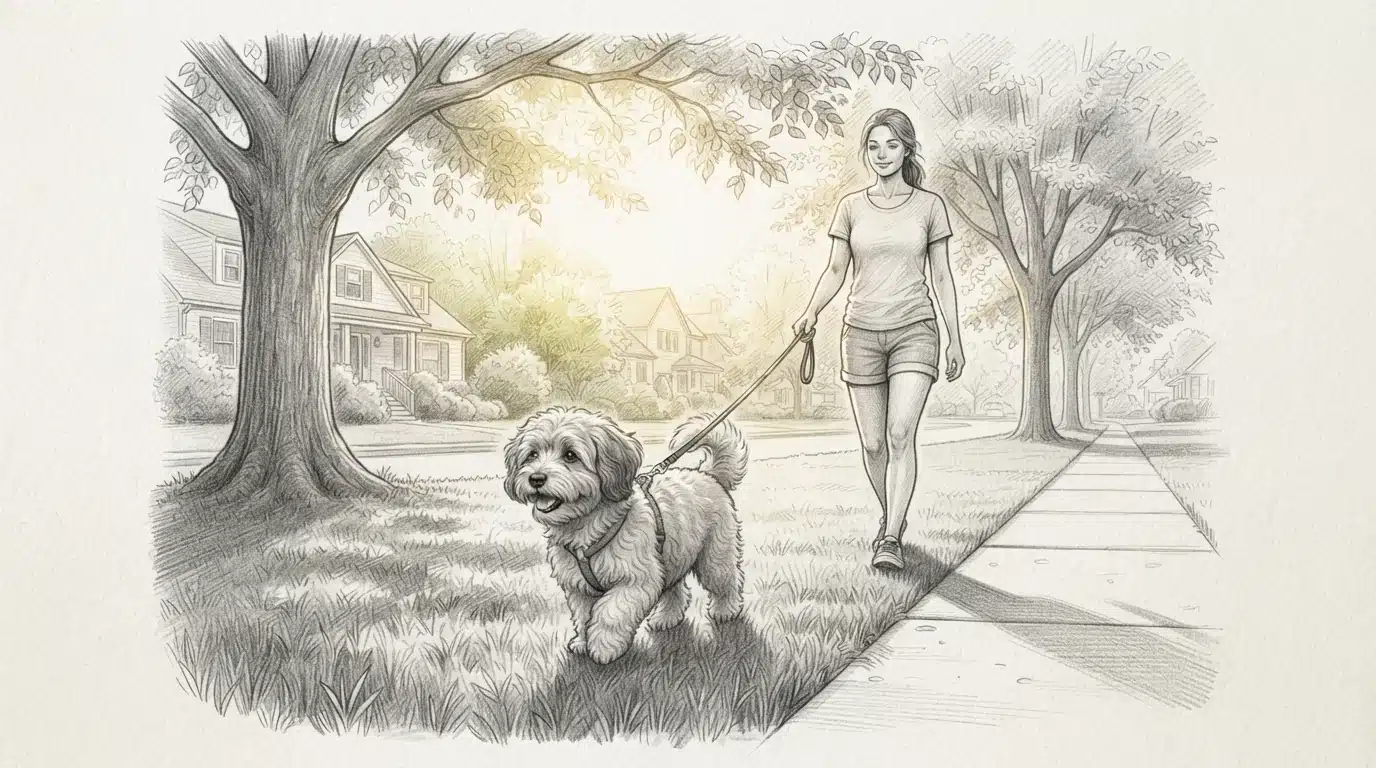 Havanese puppy walking on shaded grass
