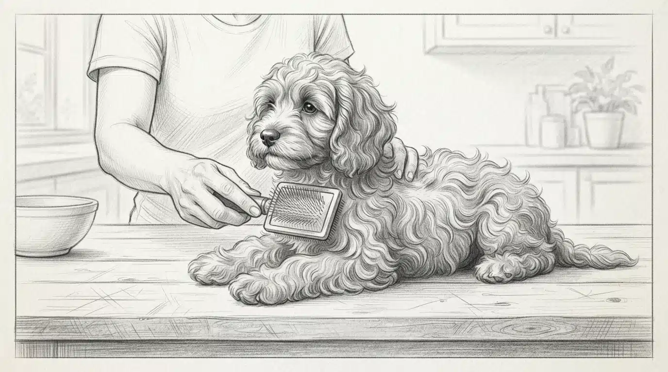 Slicker brush grooming a Cavapoo puppy