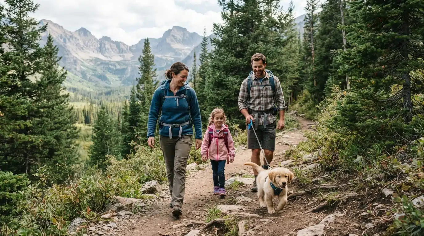 Family hiking with puppy in Montana