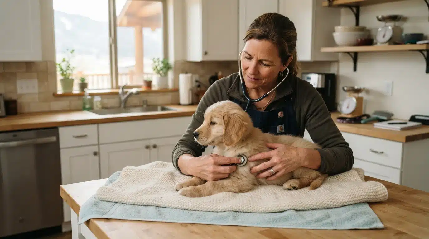 Breeder gently examining puppy in kitchen