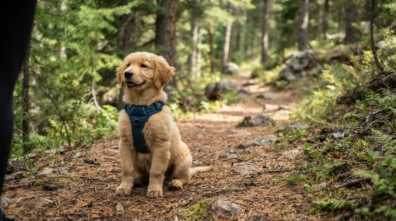 Puppy practicing recall on forest trail