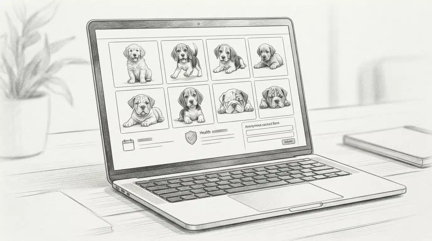Laptop displaying generic puppy stock photos