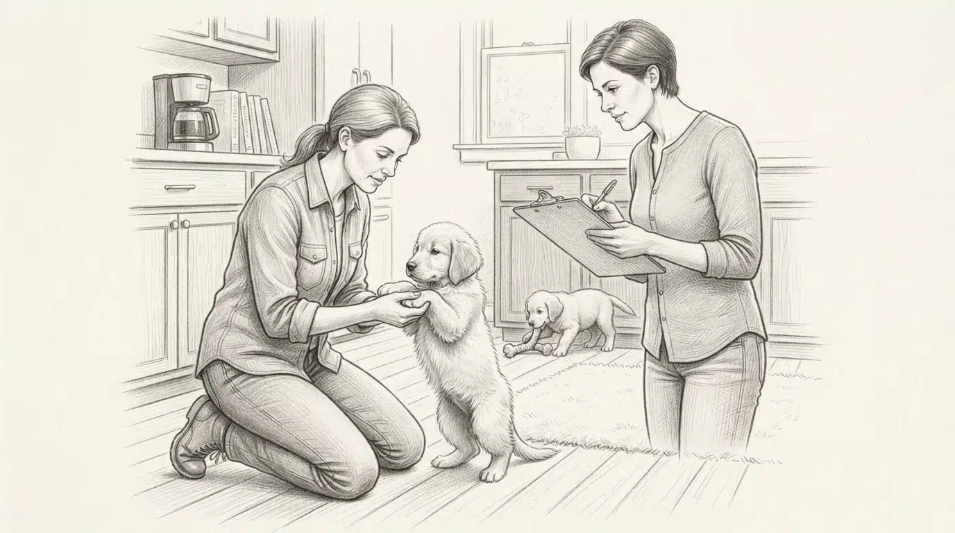 Breeder examining puppy with prospective owner