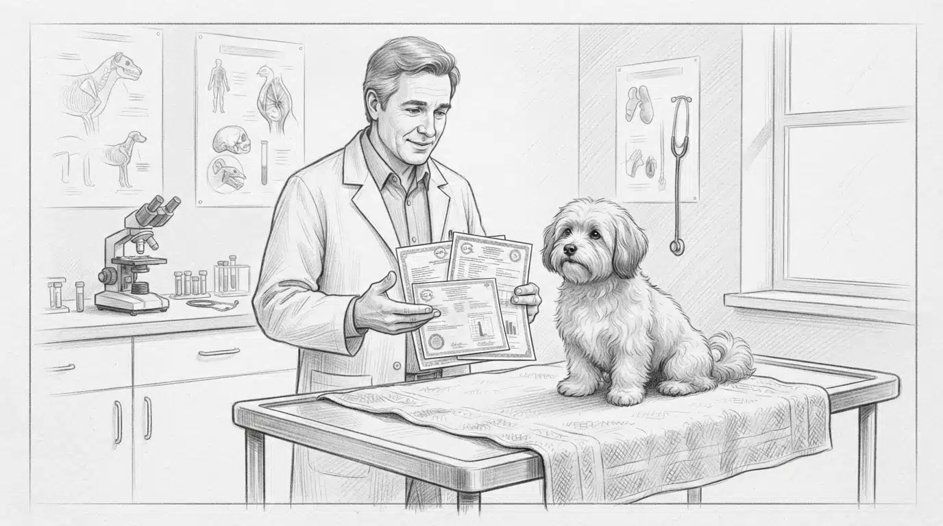 Breeder reviewing health records with Havanese