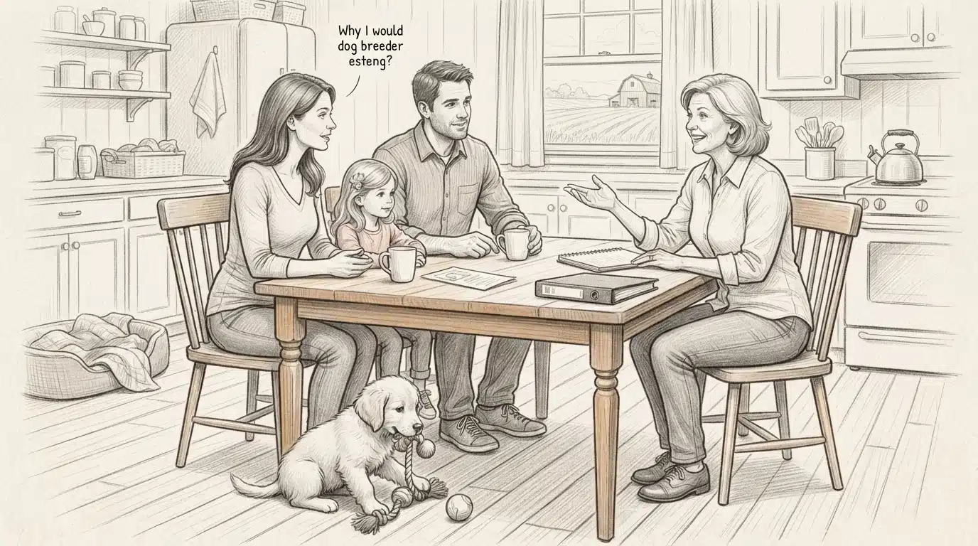 Family interviewing a breeder with puppy
