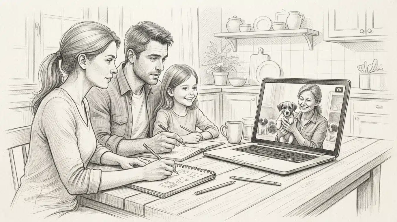 Family video calling a puppy breeder