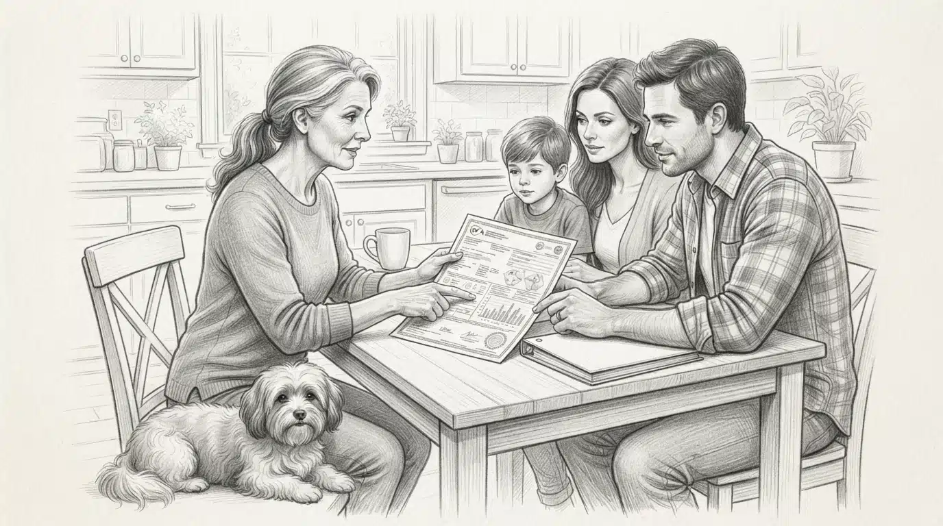 Breeder showing health documentation to family