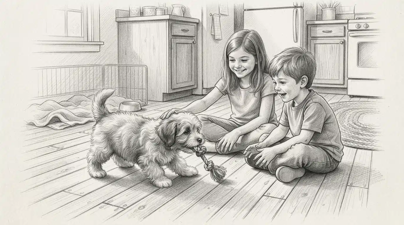 Havanese puppy playing with children indoors