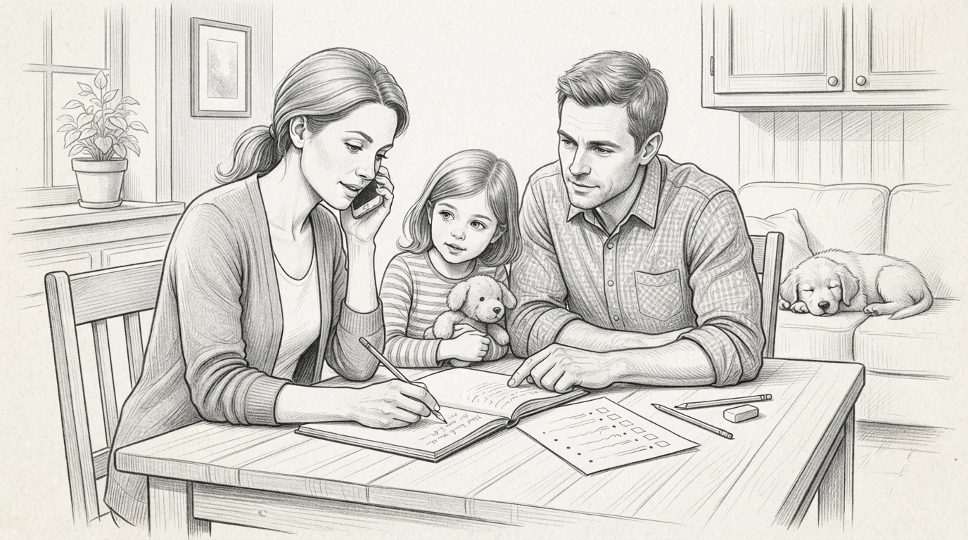 Family taking notes during breeder consultation