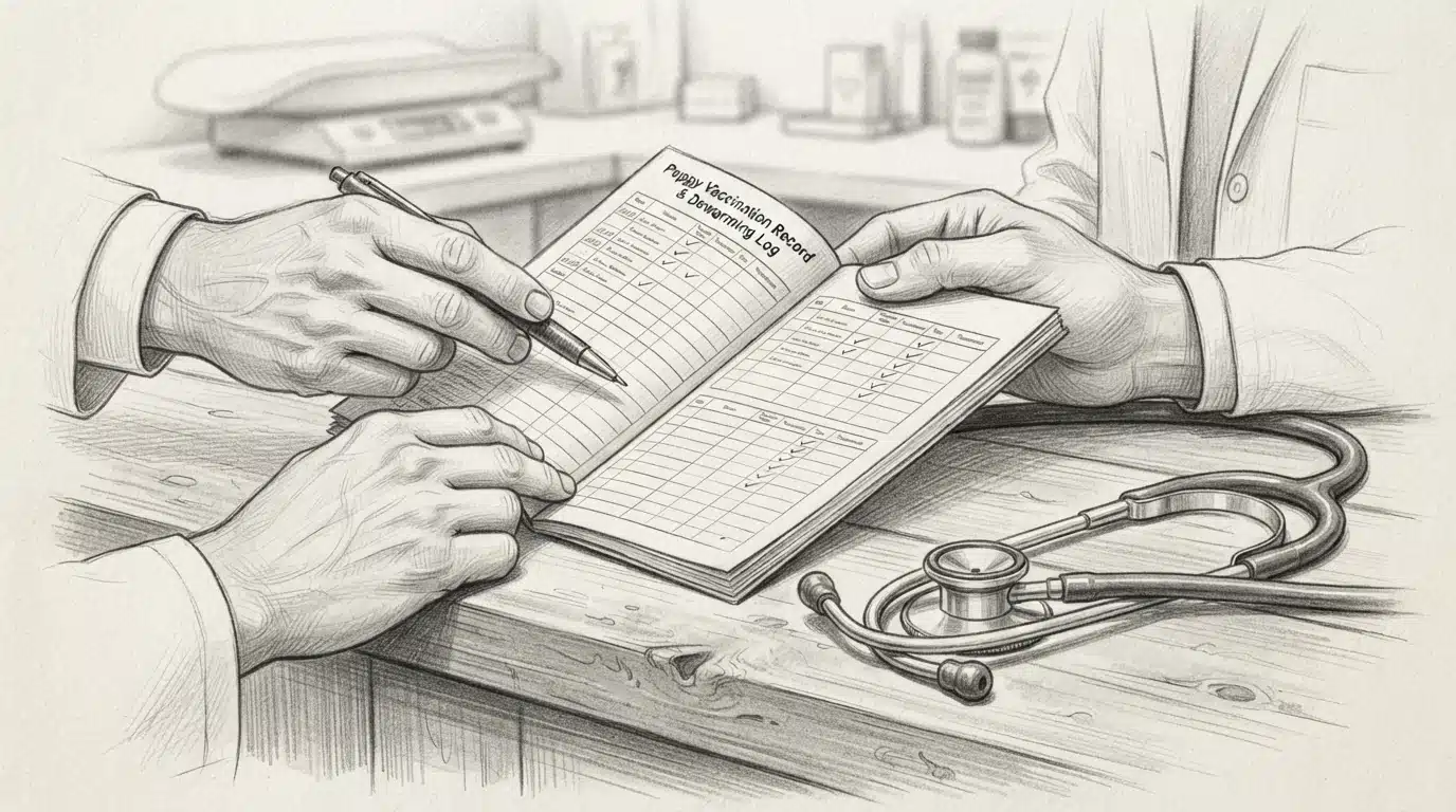 Hands reviewing veterinary records near stethoscope