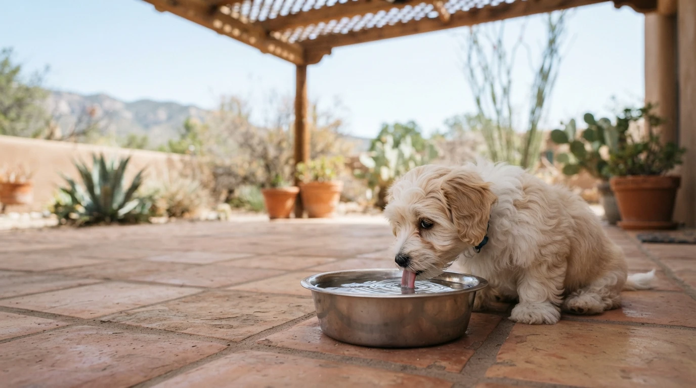 Havanese puppy drinking from clean bowl