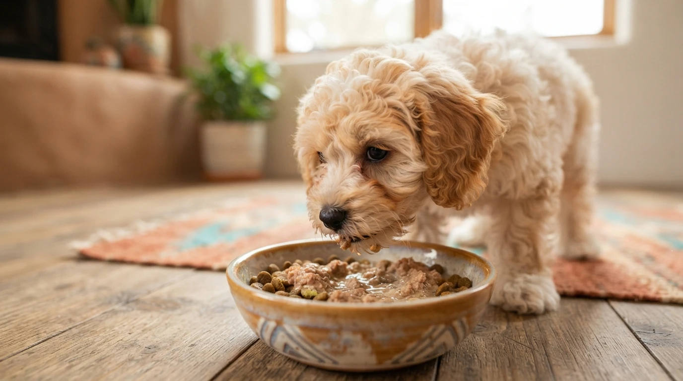 Small puppy eating wet kibble mixture