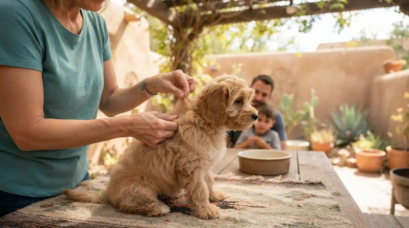 Checking puppy skin elasticity in sunlight