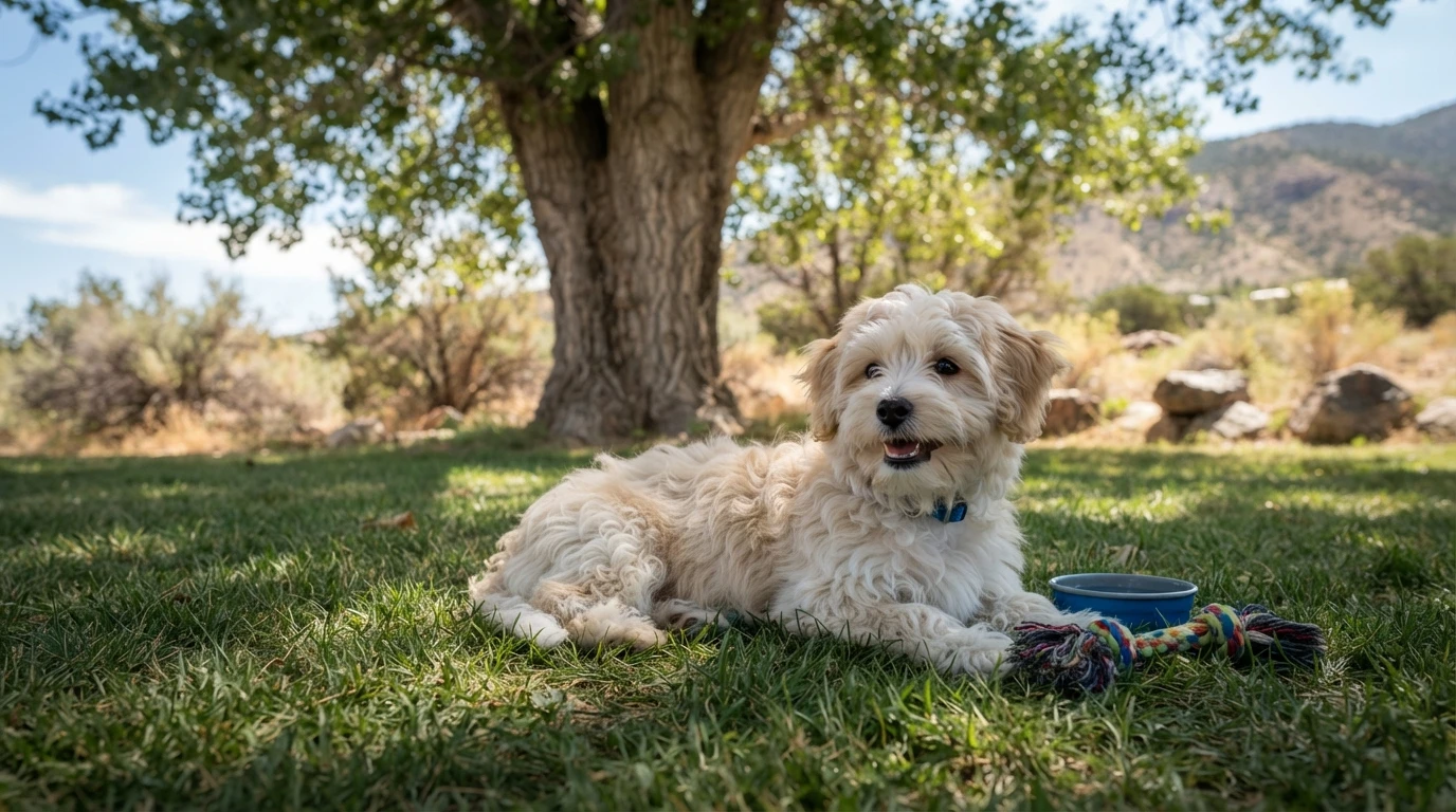 Havanese puppy resting in morning shade