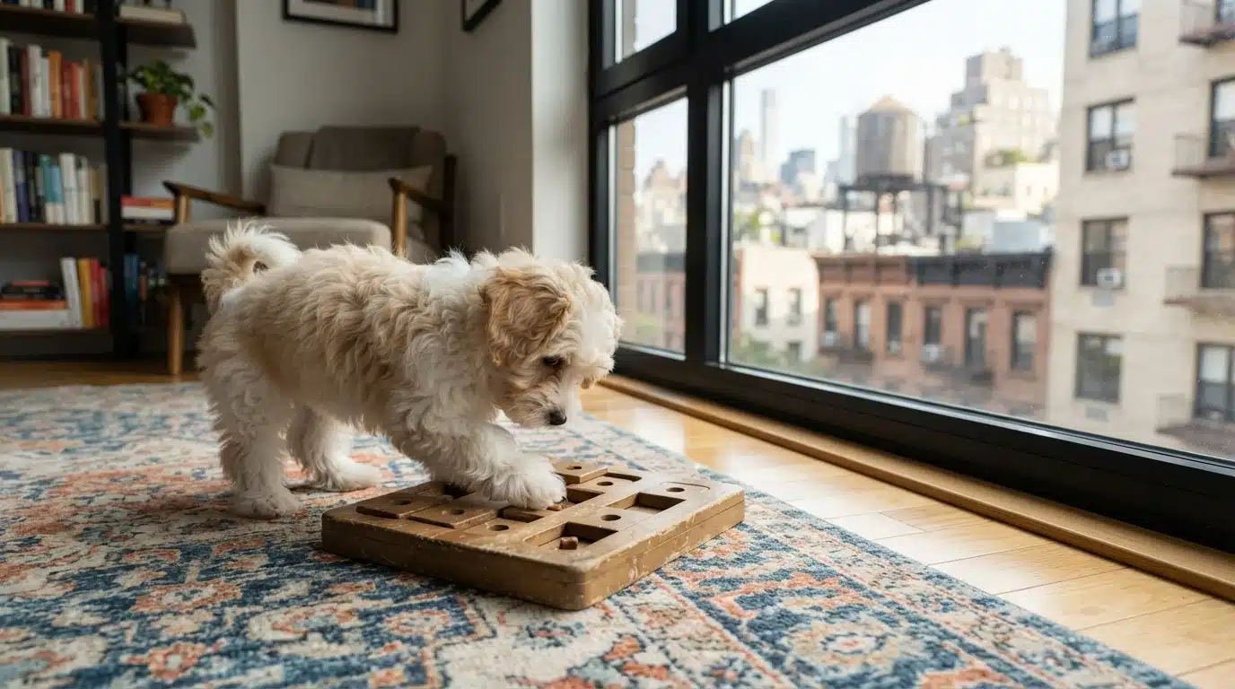 Havanese puppy playing in city apartment